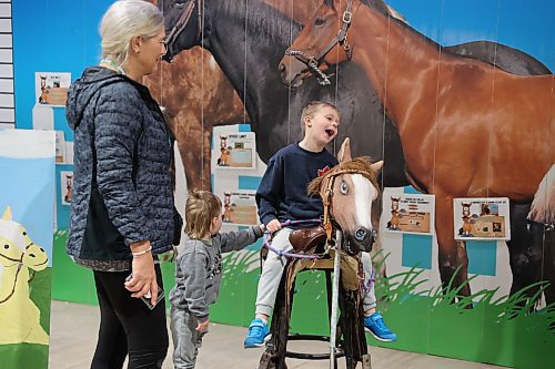Four-year old Remi DeLong enjoys a ride on a hobby horse in the children's area in the Flynn Arena at the Royal Manitoba Winter Fair on Monday. (Michele McDougall/The Brandon Sun)  
