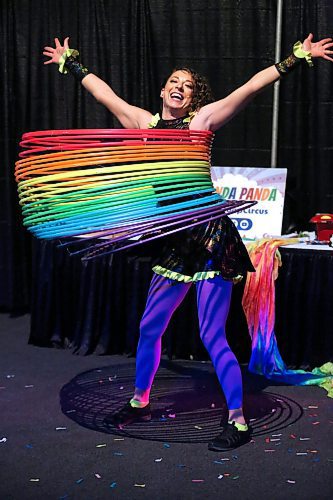 Amanda "Panda" Syryda, the star of the Hula Hoop Circus from Edmonton, Alta., does a hoop dance with a giant multi-coloured slinky to close out her early afternoon show on Monday at the Royal Manitoba Winter Fair. (Matt Goerzen/The Brandon Sun)