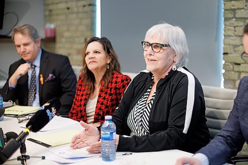 MIKE DEAL / WINNIPEG FREE PRESS
Representative Plaintiffs Trudy Lavallee (left) and Elsie Flette (right) along with their lawyers speak during a press conference to announce a settlement with the Manitoba government over the administration of Children's Special Allowance payments.
See Carol Sanders story
240325 - Monday, March 25, 2024.