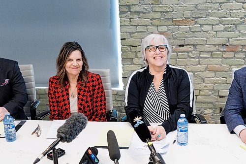 MIKE DEAL / WINNIPEG FREE PRESS
Representative Plaintiffs Trudy Lavallee (left) and Elsie Flette (right) along with their lawyers speak during a press conference to announce a settlement with the Manitoba government over the administration of Children's Special Allowance payments.
See Carol Sanders story
240325 - Monday, March 25, 2024.