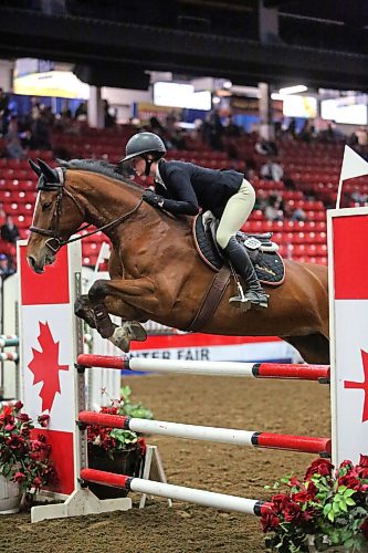 Alyssa Gillis jumping with Maddam over a jump in the Westob Place Arena, rides into third place in the Metre 20 Jumper class competition on Monday afternoon during the opening day of the Royal Manitoba Winter Fair. (Matt Goerzen/The Brandon Sun)