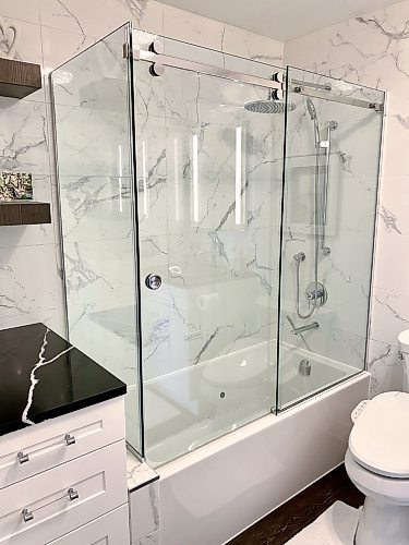 Photos by Marc LaBossiere / Free Press
A custom glass shower enclosure was manufactured by SHODOR Shower Door Specialties.