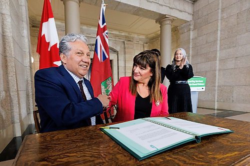 Federal Northern Affairs Minister Dan Vandal and provincial Housing Minister Bernadette Smith sign documents during an announcement Tuesday morning in the Manitoba Legislative Building of $27.5 million to provide housing supports for survivors of gender-based violence. (Mike Deal/Winnipeg Free Press)