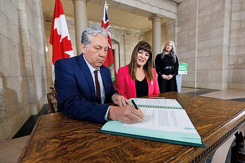 MIKE DEAL / WINNIPEG FREE PRESS
Northern Affairs Minister Dan Vandal, minister responsible for PrairiesCan and CanNor and Housing, Addictions and Homelessness Minister Bernadette Smith sign documents during an announcement by the federal government and Manitoba governments Tuesday morning in the rotunda of the Manitoba Legislative Building, an enhancement to the Canada Housing Benefit (CHB) to provide housing supports for survivors of gender-based violence. The federal government is investing $13.7 million to create housing options that will be cost-matched by the Manitoba government for a combined total of $27.5 million in funding over five years.
240326 - Tuesday, March 26, 2024.