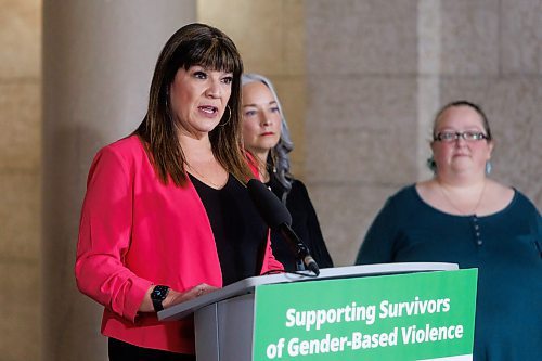 MIKE DEAL / WINNIPEG FREE PRESS
Provincial Housing, Addictions and Homelessness Minister Bernadette Smith speaks during an announcement by the federal government and Manitoba governments Tuesday morning in the rotunda of the Manitoba Legislative Building, an enhancement to the Canada Housing Benefit (CHB) to provide housing supports for survivors of gender-based violence. The federal government is investing $13.7 million to create housing options that will be cost-matched by the Manitoba government for a combined total of $27.5 million in funding over five years.
240326 - Tuesday, March 26, 2024.