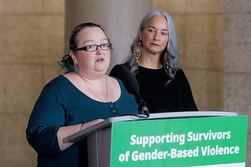 MIKE DEAL / WINNIPEG FREE PRESS
Lorie English, Executive Director of the West Central Women's Resource Centre, speaks during an announcement by the federal government and Manitoba governments Tuesday morning in the rotunda of the Manitoba Legislative Building, an enhancement to the Canada Housing Benefit (CHB) to provide housing supports for survivors of gender-based violence. The federal government is investing $13.7 million to create housing options that will be cost-matched by the Manitoba government for a combined total of $27.5 million in funding over five years.
240326 - Tuesday, March 26, 2024.