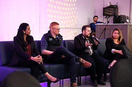 PPD Law Office owner Premmal Patel-David (from left), Bushel Plus Ltd. owner Marcel Kringe, Mariachi Mexican Tacos & Cantina owner Carlos Muñoz and Weddings by Abby owner Abby Wenger during the Fireside Chat organized by Westman Immigrant Services on Tuesday. (Abiola Odutola/The Brandon Sun)