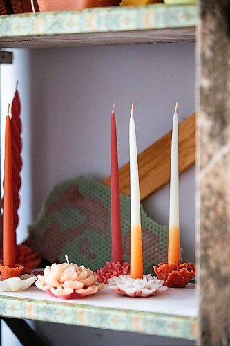 MIKAELA MACKENZIE / FREE PRESS

Lynsey Sable&#x573; candles, which use locally sourced beeswax and natural dyes, in her studio in La Broquerie on Monday, March 25, 2024. 

For AV story.