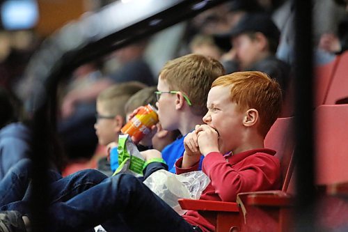 Four boys chow down on some fair food during the Tuesday evening Royal Manitoba Winter Fair show at the Westoba Place Arena. (Matt Goerzen/The Brandon Sun)