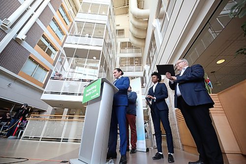 Manitoba Premier Wab Kinew stands inside the atrium of the Brandon Regional Health Centre on Wednesday afternoon to announce that the province will open the first minor injury and illness clinic in Brandon as part of a $17-million Budget 2024 investment to open new clinics across the province. He was joined by Health Minister Uzoma Asagwara, Brandon Mayor Jeff Fawcett, Brandon East MLA and cabinet minister Glen Simard, and Prairie Mountain Health CEO Brian Schoonbaert. (Matt Goerzen/The Brandon Sun)