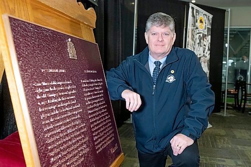 BROOK JONES / FREE PRESS
Left to Right: Ron Hallman, who is the President &amp; CEO of Parks Canada, is pictured next to a Historic Sites and Momuments Board of Canada plaque commemorating Game Three of the eight-game 1972 Summit Series played between Canadian professional hockey players and the Soviet Union's national team which ended in a 4-4 tie at the Winnipeg Arena Sept. 6, 1972. Parks Canada hosted the plaque unveiling at the Hockey For All Centre in Winnipeg, Man., Wednesday, March 27, 2024. A permanent home in Winnipeg for the plaque is still to be determined.