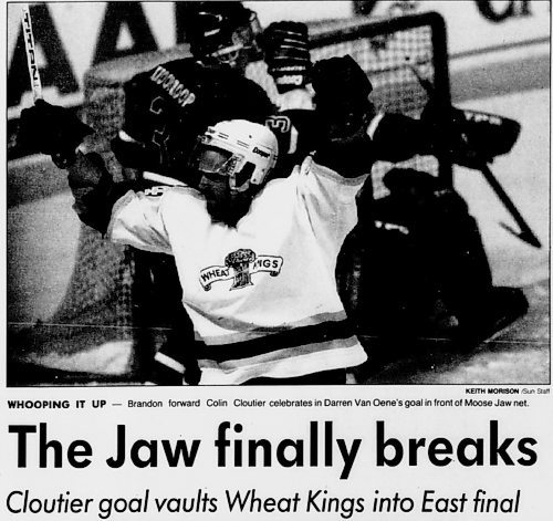 The April 10, 1995 edition of The Brandon Sun highlights the heroics of Brandon Wheat Kings forward Colin Cloutier, who scored the series-clinching goal in Game 5 of his team's Eastern Conference semifinal series against the Moose Jaw Warriors. (Brandon Sun archives)