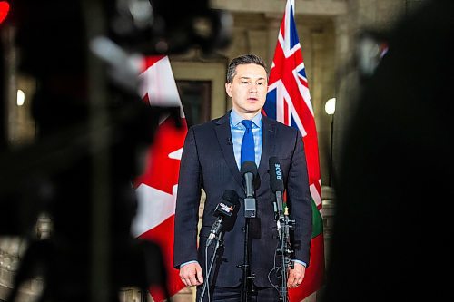 MIKAELA MACKENZIE / FREE PRESS

Opposition leader Pierre Poilievre speaks to the media after meeting with premier Wab Kinew at the Manitoba Legislative Building on Thursday, March 28, 2024. 

For Carol story.