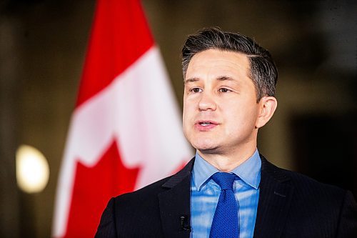 MIKAELA MACKENZIE / FREE PRESS

Opposition leader Pierre Poilievre speaks to the media after meeting with premier Wab Kinew at the Manitoba Legislative Building on Thursday, March 28, 2024. 

For Carol story.