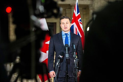 MIKAELA MACKENZIE / FREE PRESS

Opposition leader Pierre Poilievre speaks to the media after meeting with premier Wab Kinew at the Manitoba Legislative Building on Thursday, March 28, 2024. 

For Carol story.