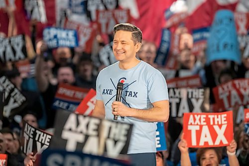 BROOK JONES / FREE PRESS
Conservative Party of Canada Leader Pierre Poilievre is all smiles as he talks to a large crowd of supporters during his 'Spike the Hike - Axe the Tax' rally at the RBC Convention Centre in Winnipeg, Man., Thursday, March 28, 2024.