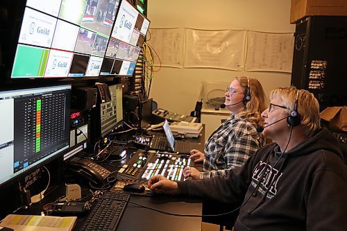 Left: Katrina Spangler, a second-year media and communications student and Royal Manitoba Winter Fair video services director Greg Sherris in the inner control room for the horse jumping video production on Friday. Photo: Abiola Odutola/The Brandon Sun