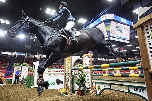 Abbey McLeod, riding Dicontendro, jumps the CFB Shilo hurdle during the Manitoba Agriculture & Provincial Ex of Manitoba Cup jumping event on Tuesday evening as part of the Royal Manitoba Winter Fair. (Matt Goerzen/The Brandon Sun)