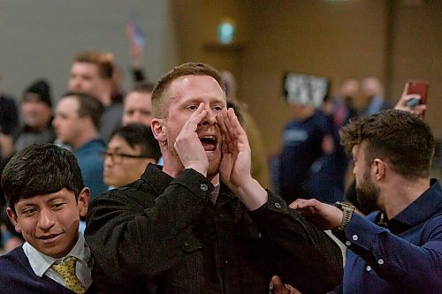 BROOK JONES / FREE PRESS
A man (middle) is escorted out of the event while chanting &#x201c;ceasefire now&#x201d; referring to the war in Gaza during Conservative Party of Canada Leader Pierre Poilievre's 'Spike the Hike - Axe the Tax' rally at the RBC Convention Centre in Winnipeg, Man., Thursday, March 28, 2024.