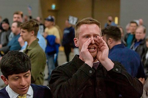 BROOK JONES / FREE PRESS
A man (right) is escorted out of the event while chanting &#x201c;ceasefire now&#x201d; referring to the war in Gaza during Conservative Party of Canada Leader Pierre Poilievre's 'Spike the Hike - Axe the Tax' rally at the RBC Convention Centre in Winnipeg, Man., Thursday, March 28, 2024.