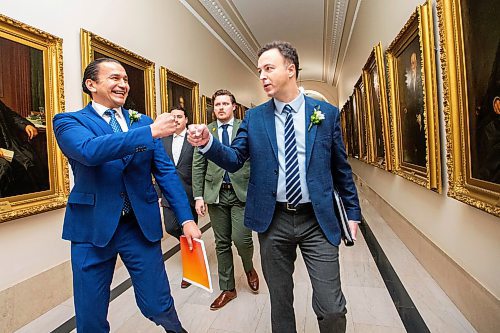 MIKAELA MACKENZIE / FREE PRESS

Premier Wab Kinew and finance minister Adrian Sala fist bump before walking in to speak to the media on budget day at the Manitoba Legislative Building on Tuesday, April 2, 2024. 

For budget story.