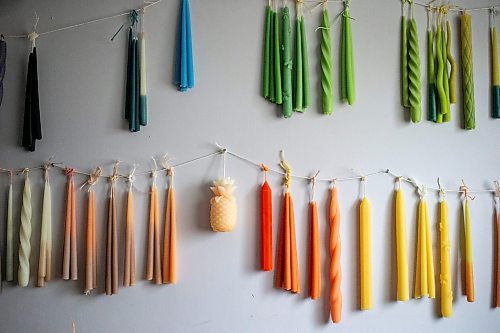 MIKAELA MACKENZIE / FREE PRESS

Lynsey Sable&#x573; candles, which use locally sourced beeswax and natural dyes, hang in her studio in La Broquerie on Monday, March 25, 2024. 

For AV story.