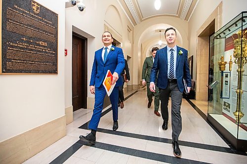 MIKAELA MACKENZIE / FREE PRESS

Premier Wab Kinew and finance minister Adrian Sala walk in to speak to the media on budget day at the Manitoba Legislative Building on Tuesday, April 2, 2024. 

For budget story.