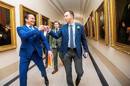 MIKAELA MACKENZIE / FREE PRESS

Premier Wab Kinew and finance minister Adrian Sala fist bump before walking in to speak to the media on budget day at the Manitoba Legislative Building on Tuesday, April 2, 2024. 

For budget story.