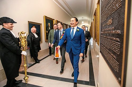 MIKAELA MACKENZIE / FREE PRESS

Premier Wab Kinew and finance minister Adrian Sala walk to the chamber on budget day at the Manitoba Legislative Building on Tuesday, April 2, 2024. 

For budget story.