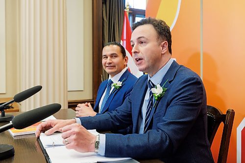 MIKE DEAL / WINNIPEG FREE PRESS
Premier Wab Kinew and Finance Minister Adrien Sala announce their first budget, Tuesday afternoon in the media lockup, which they say will deliver on their commitments to rebuild health care and lower costs for families.
240402 - Tuesday, April 02, 2024.