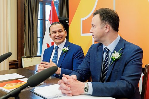 MIKE DEAL / WINNIPEG FREE PRESS
Premier Wab Kinew and Finance Minister Adrien Sala announce their first budget, Tuesday afternoon in the media lockup, which they say will deliver on their commitments to rebuild health care and lower costs for families.
240402 - Tuesday, April 02, 2024.