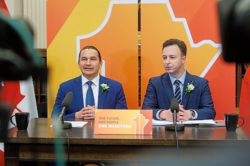 MIKE DEAL / WINNIPEG FREE PRESS
Premier Wab Kinew and Finance Minister Adrien Sala announce their first budget, Tuesday afternoon in the media lockup, which they say will deliver on their commitments to rebuild health care and lower costs for families.
240402 - Tuesday, April 02, 2024.