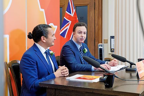 MIKE DEAL / WINNIPEG FREE PRESS
Premier Wab Kinew and Finance Minister Adrien Sala announce their first budget, Tuesday afternoon in the media lockup, which they say will deliver on their commitments to rebuild health care and lower costs for families.
240402 - Tuesday, April 02, 2024.