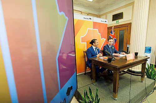 MIKE DEAL / WINNIPEG FREE PRESS
Premier Wab Kinew and Finance Minister Adrien Sala announce their first budget, Tuesday afternoon in the media lockup, which they say will deliver on their commitments to rebuild health care and lower costs for families.
240402 - Tuesday, April 02, 2024.