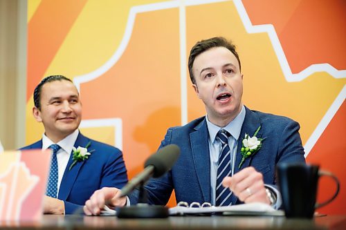 MIKE DEAL / WINNIPEG FREE PRESS
Premier Wab Kinew and Finance Minister Adrien Sala announce their first budget, Tuesday afternoon in the media lockup, which they say will deliver on their commitments to rebuild health care and lower costs for families.
240402 - Tuesday, April 02, 2024.