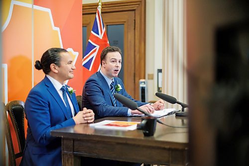 MIKE DEAL / WINNIPEG FREE PRESS
Premier Wab Kinew and Finance Minister Adrien Sala announce their first budget, Tuesday afternoon in the media lockup, which they say will deliver on their commitments to rebuild health care and lower costs for families.
240402 - Tuesday, April 02, 2024.