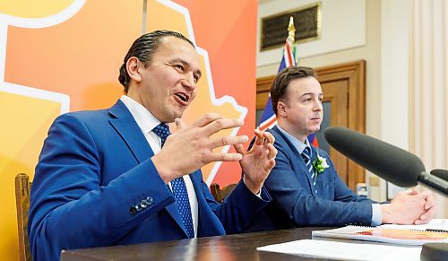 MIKE DEAL / WINNIPEG FREE PRESS
Premier Wab Kinew and Finance Minister Adrien Sala announce their first budget, Tuesday afternoon in the media lockup, which they say will deliver on their commitments to rebuild health care and lower costs for families.
240402 - Tuesday, April 02, 2024.