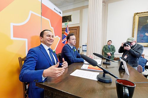 MIKE DEAL / WINNIPEG FREE PRESS
Premier Wab Kinew and Finance Minister Adrien Sala announce their first budget, Tuesday afternoon in the media lockup, which they say will deliver on their commitments to rebuild health care and lower costs for families.
240402 - Tuesday, April 02, 2024.