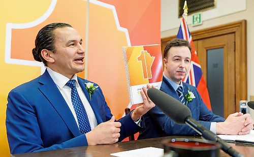 MIKE DEAL / WINNIPEG FREE PRESS
Premier Wab Kinew and Finance Minister Adrien Sala announce their first budget, Tuesday afternoon in the media lockup, which they say will deliver on their commitments to rebuild health care and lower costs for families.
240402 - Tuesday, April 02, 2024.