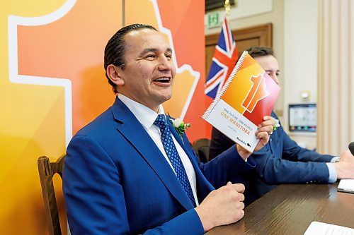 MIKE DEAL / WINNIPEG FREE PRESS
Premier Wab Kinew and Finance Minister Adrien Sala announce their first budget, Tuesday afternoon in the media lockup, which they say will deliver on their commitments to rebuild health care and lower costs for families.
240402 - Tuesday, April 02, 2024.