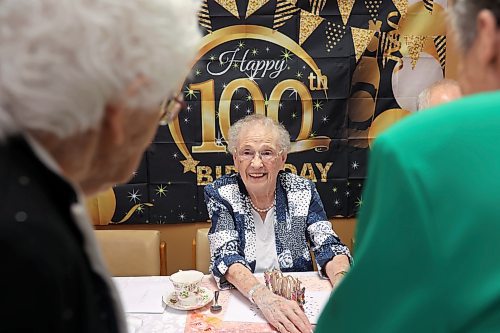 02042024
Hobbs Manor resident Grace Bell visits with friends, family and well-wishers during a party for her 100th birthday on Tuesday. Bell officially turns 100 on April 4th, making her Hobbs Manor&#x2019;s oldest resident. Bell lived her entire life in the Elgin area prior to moving into Hobbs Manor, where she has lived for the past 23 years. A large crowd celebrated her birthday with cake and tea.
(Tim Smith/The Brandon Sun)
