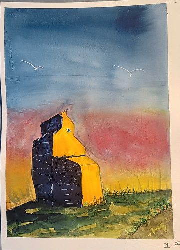 A painting of a grain elevator done by one of the artists from Neepawa's Touchwood Park. (Miranda Leybourne/The Brandon Sun)