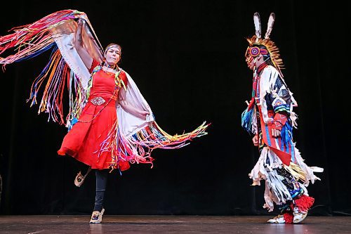 Traditional dancers Alicia Trout and Sam Jackson perform on stage between speakers during the Brandon Neighbourhood Renewal Corporation's Street Stories event at the Western Manitoba Centennial Auditorium on Wednesday afternoon. See story on Page A2. (Tim Smith/The Brandon Sun)
