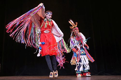 03042023
Traditional dancers Alicia Trout and Sam Jackson perform on stage between speakers during the BNRC: Arch Project Brandon - Street Stories event at the western Manitoba Centennial Auditorium on Wednesday afternoon. The event featured stories shared by Indigenous knowledge keepers as well as storytellers experiencing homelessness in Brandon.
(Tim Smith/The Brandon Sun)