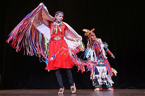 03042023
Traditional dancers Alicia Trout and Sam Jackson perform on stage between speakers during the BNRC: Arch Project Brandon - Street Stories event at the western Manitoba Centennial Auditorium on Wednesday afternoon. The event featured stories shared by Indigenous knowledge keepers as well as storytellers experiencing homelessness in Brandon.
(Tim Smith/The Brandon Sun)