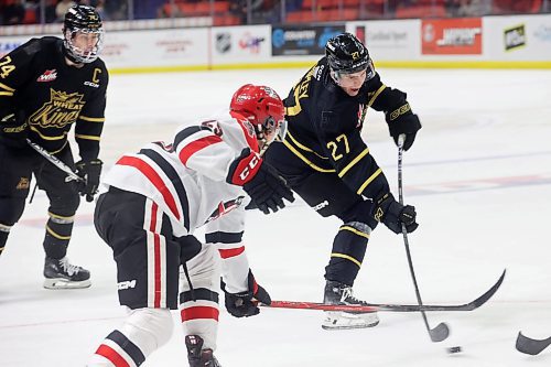 03042023
Luke Shipley #27 of the Brandon Wheat Kings fires a shot on the Moose Jaw Warriors net during the second period of game three of first round playoff action at Westoba Place on Wednesday evening. 
(Tim Smith/The Brandon Sun)