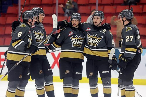 Brandon Wheat Kings players celebrate a goal during the second period last night against the Moose Jaw Warriors at Westoba Place. The team's season ended with a 6-2 loss to the Warriors, who swept their Western Hockey League opening-round series 4-0. See Page B1 for the story. (Tim Smith/The Brandon Sun)