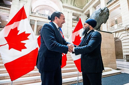 MIKAELA MACKENZIE / FREE PRESS

Federal NDP leader Jagmeet Singh meets with premier Wab Kinew at the Manitoba Legislative Building on Thursday, April 4, 2024.

For Carol story.