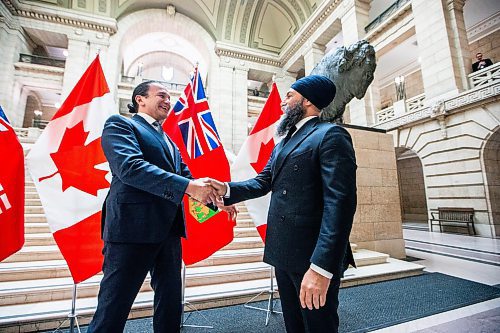 MIKAELA MACKENZIE / FREE PRESS

Federal NDP leader Jagmeet Singh meets with premier Wab Kinew at the Manitoba Legislative Building on Thursday, April 4, 2024.

For Carol story.