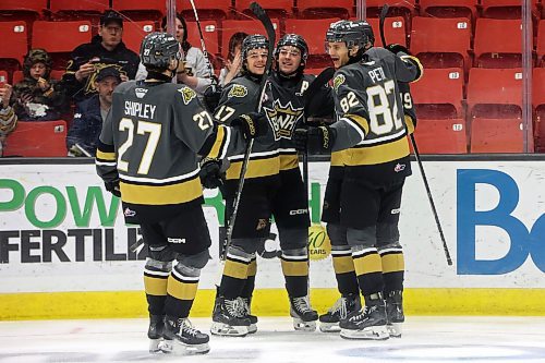 03042023
Brandon Wheat Kings players celebrate a goal during the first period of game four of first round playoff action against the Moose Jaw Warriors at Westoba Place on Wednesday evening. 
(Tim Smith/The Brandon Sun)